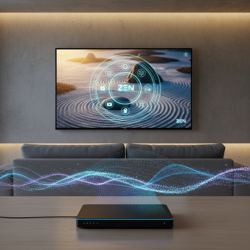 Une personne se relaxant sur un canapé et regardant une télévision avec une image de haute qualité, symbolisant une expérience ZEN IPTV optimisée.