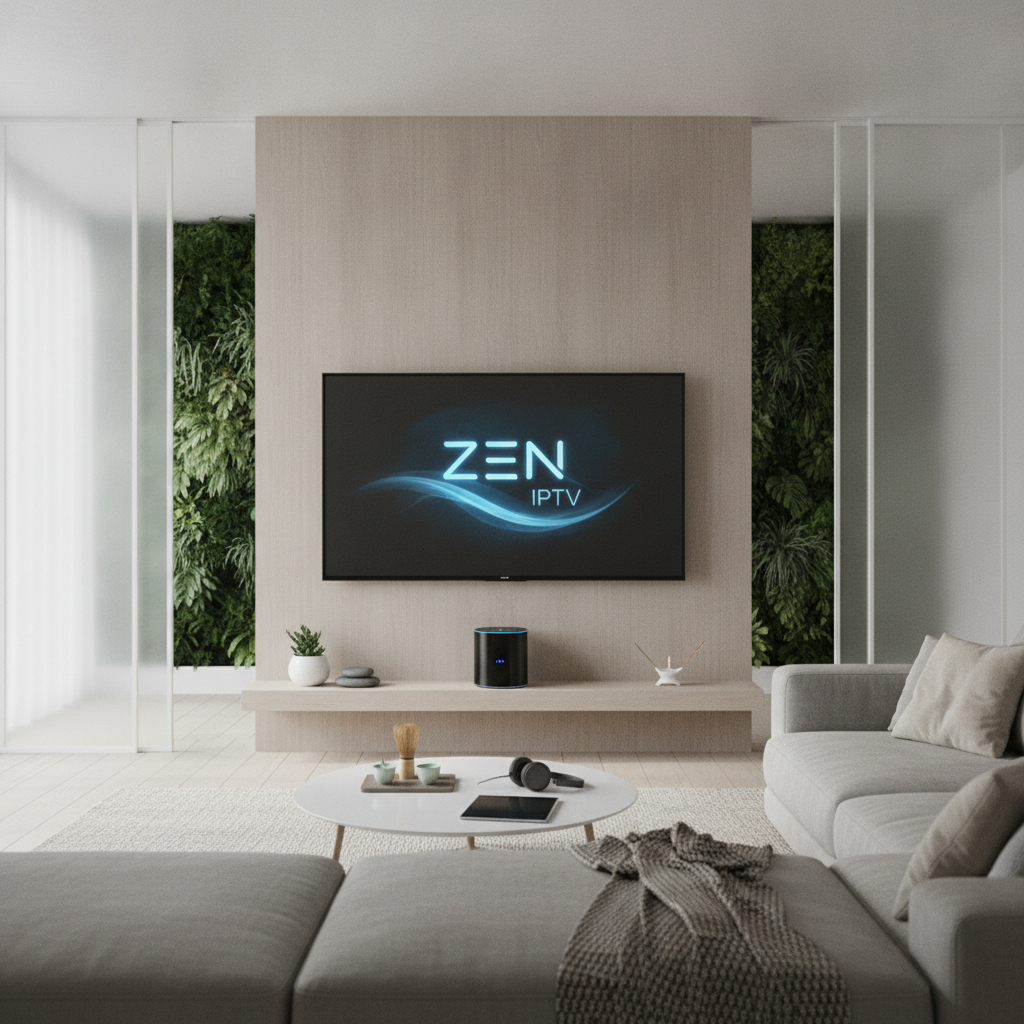 Un salon moderne et apaisant avec un grand écran de télévision affichant un paysage de forêt serein, illustrant le concept de ZEN IPTV.